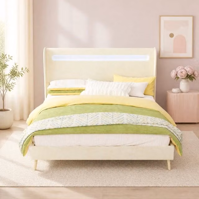 Letto imbottito con LED regolabili, 140x200 cm, tessuto e metallo, beige