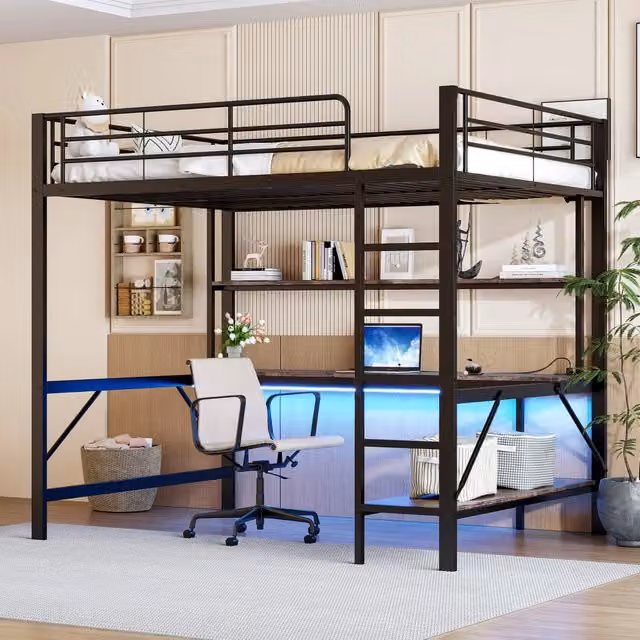 Letto a soppalco 140 x 200 cm in metallo con spondine, scaletta, USB e presa, luci LED, scrivania, mensole, senza materasso - Nero