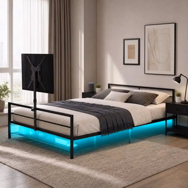 Struttura letto gaming in ferro nero con luci LED regolabili supporto monitor e cestino portaoggetti