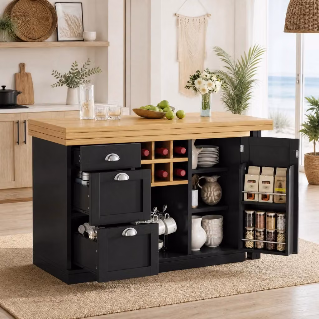 Tavolo bar multifunzione REDOM nero con piano pieghevole estensibile e spazio contenitore, L: 74 cm, P: 60 cm, H: 100 cm – 2
