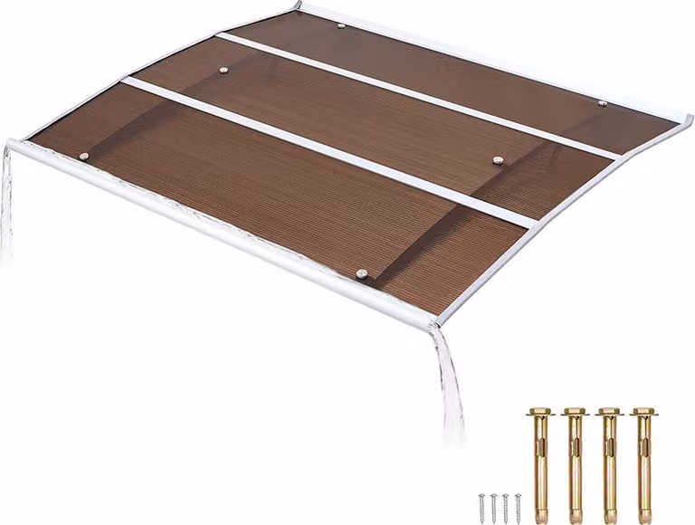 SucceBuy Tettoia d'ingresso, 94 x 119 cm, tettoia esterna per porta d'ingresso e finestre con sistema di drenaggio e supporto in ABS, protezione da pioggia, neve e sole, copertura in policarbonato per veranda e terrazza, marrone