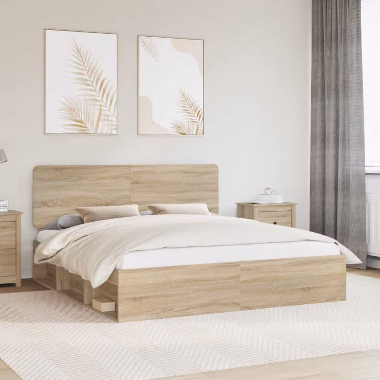 Struttura del letto moderna vidaXL in pino massello e legno, colore Rovere Sonoma, L/P/H: 200 x 200 x 206 cm