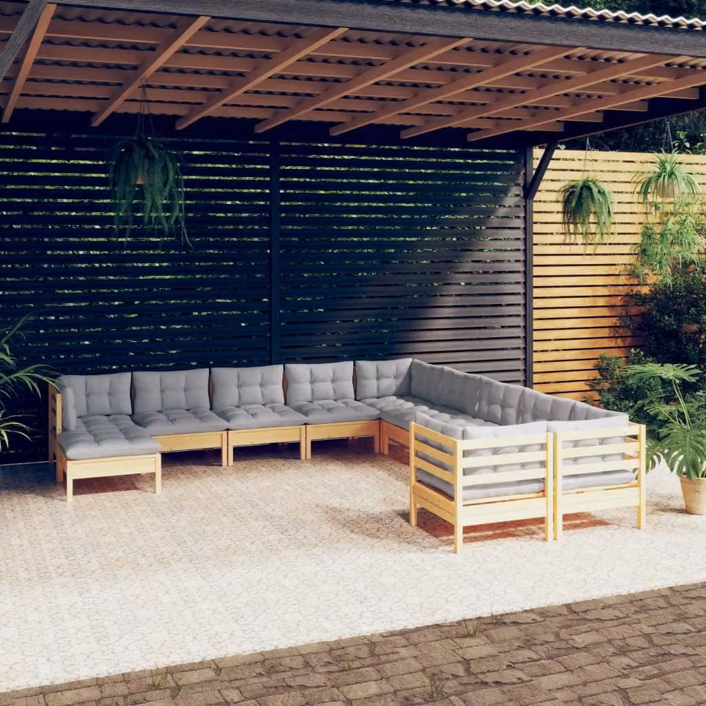 The Living Store Set da giardino da 11 pezzi con cuscini grigi in legno di pino