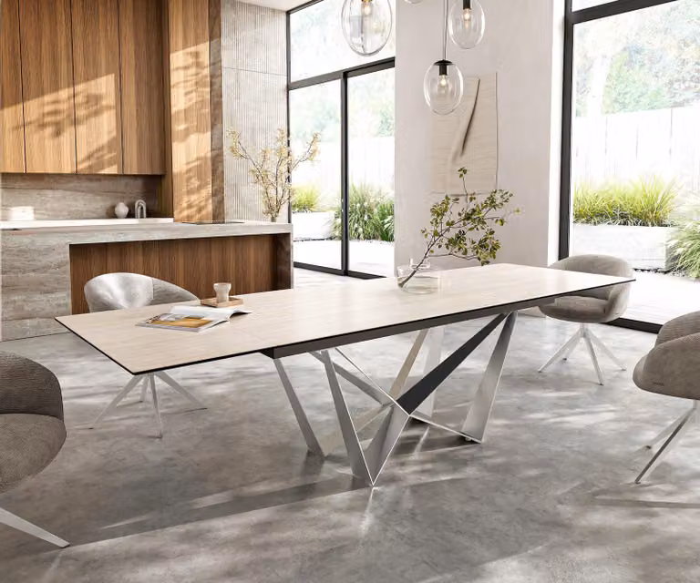 DELIFE Tavolo da pranzo Edge 200-300x100 Vetroceramica Laminam® Travertino Bianco Crema-Bianco Spider piatto acciaio inox allungabile