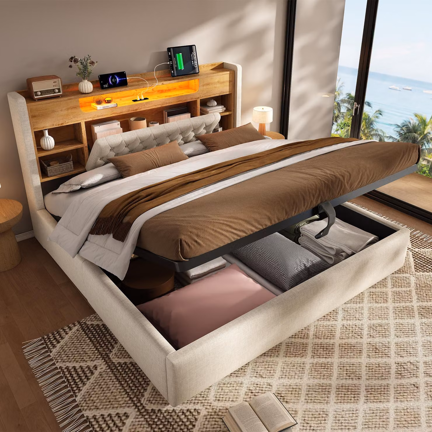 Letto imbottito Flieks 180x200 cm con USB e Type-C, letto idraulico con contenitore, mensola e vano portaoggetti, letto matrimoniale per ragazzi con rivestimento in pelle, lino, beige