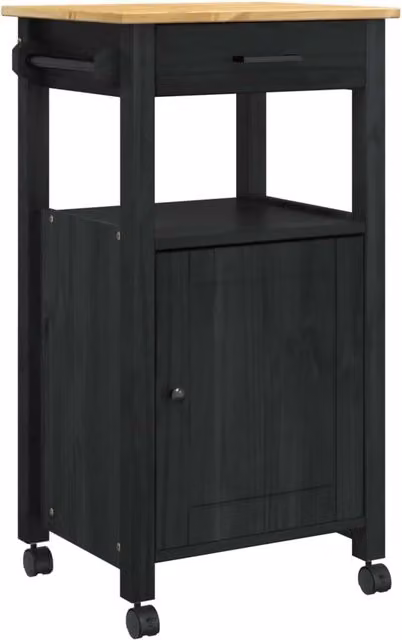 Carrello da cucina moderno MONZA nero con ripiani in legno di pino e ruote L/P/H: 48 x 40 x 88,5 cm