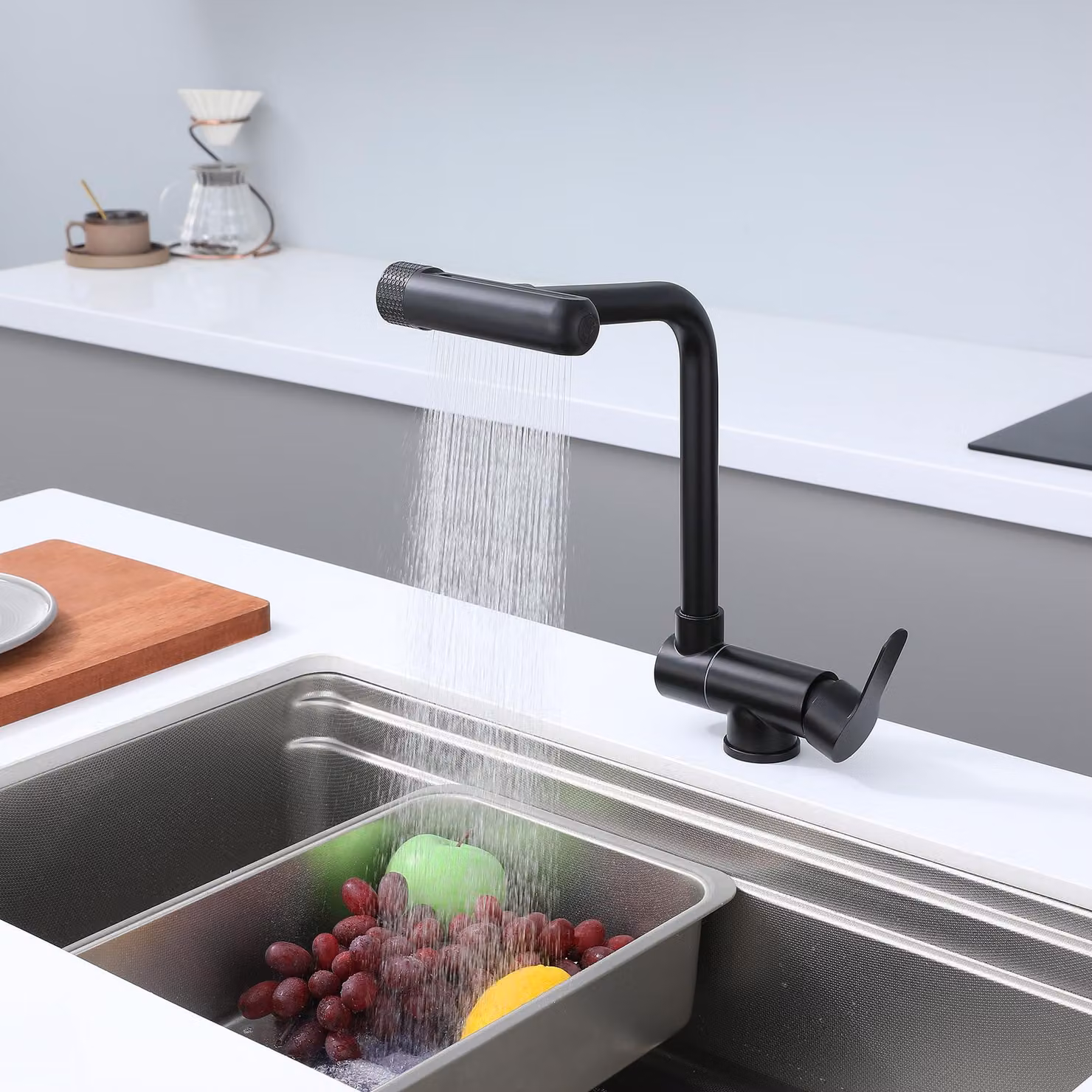 Rubinetto da cucina pieghevole, con 4 modalità di getto, colore nero