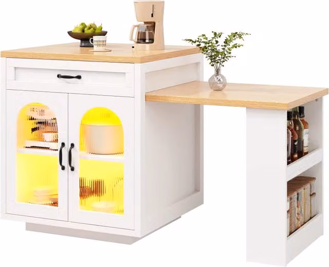 Isola da cucina estensibile con 2 cassetti, ripiano regolabile e LED a colori per cucina e sala da pranzo, bianca