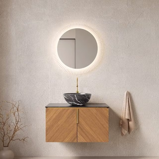 Sospensione da parete 76 cm per bagno con lavabo in ceramica nera motivo pietra, piano in sinterstone nero, mobile in compensato 2 porte colore rovere marrone