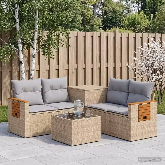 Set di divani da giardino a L con tavolino vidaXL in polyrattan beige e grigio