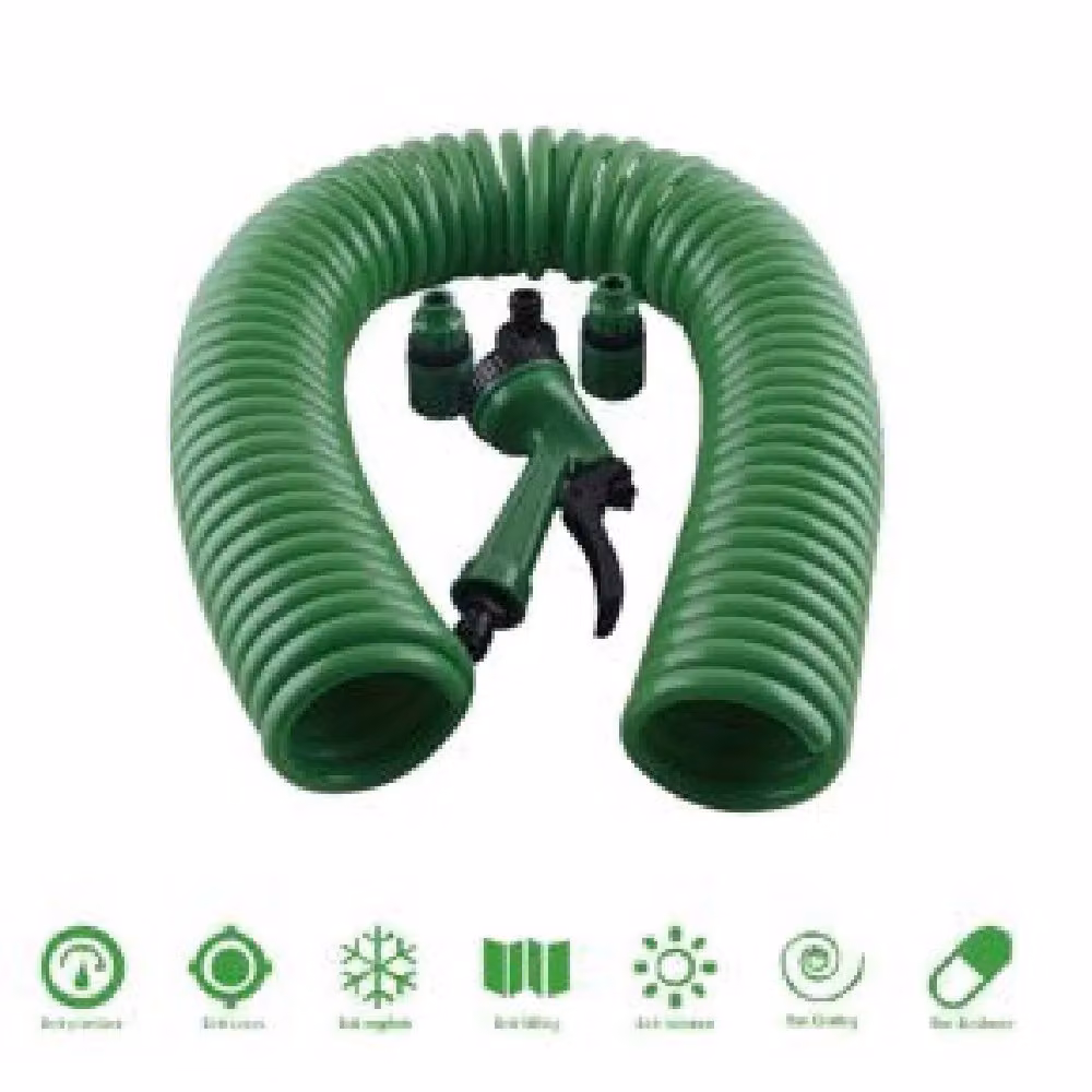 Trade Shop Tubo Flessibile a Spirale KAELA Verde con Pistola Innaffiare e Connettori Lunghezza: 15 m – 2