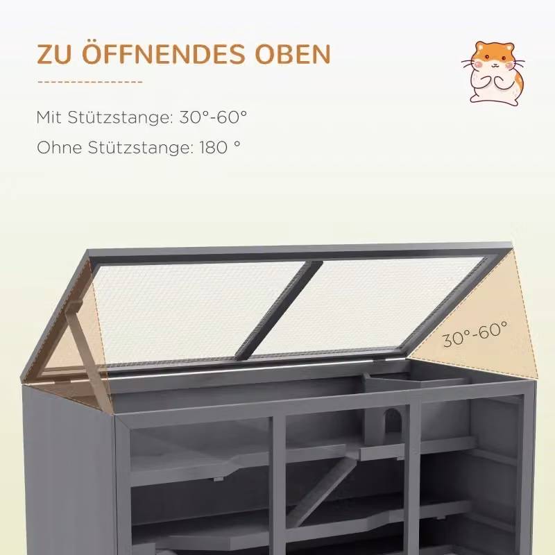 Scaffale OKWISH in legno e metallo per piccoli animali a più livelli con rete e tetto apribile, grigio, L: 115 cm, P: 57 cm, H: 55 cm – 2