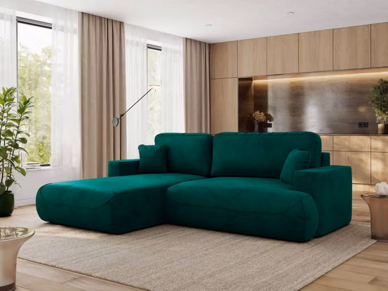 MKS MEBLE divano angolare OVO con funzione letto e box letto, velluto verde scuro, divano a L, divano angolare a 4 posti, 271x195x95 cm - lato sinistro