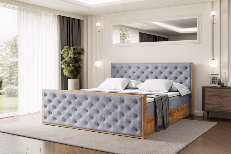 Letto boxspring ALTDECOR con materasso e rete a doghe, topper, pediera, letto imbottito con contenitore, letto con spazio contenitivo, materasso H3, letto matrimoniale, letto a cassettoni - LOLLI3-Z - 160x200 - Grigio Casablanca