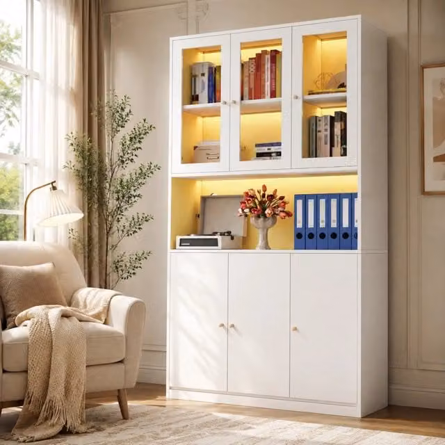 Libreria con vetrina LED, vano aperto e 3 ante, passacavi, per soggiorno e studio, in MDF bianco, 100 × 35 × 200 cm