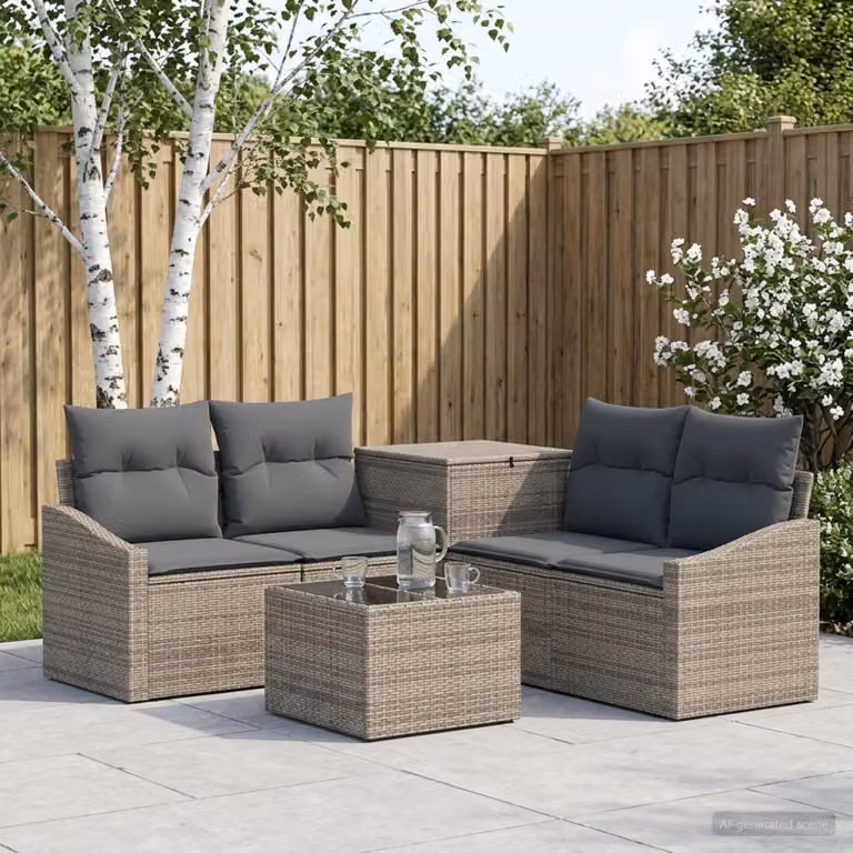 Set di divani da giardino vidaXL in polyrattan grigio e antracite con tavolo da caffè e cuscini inclusi