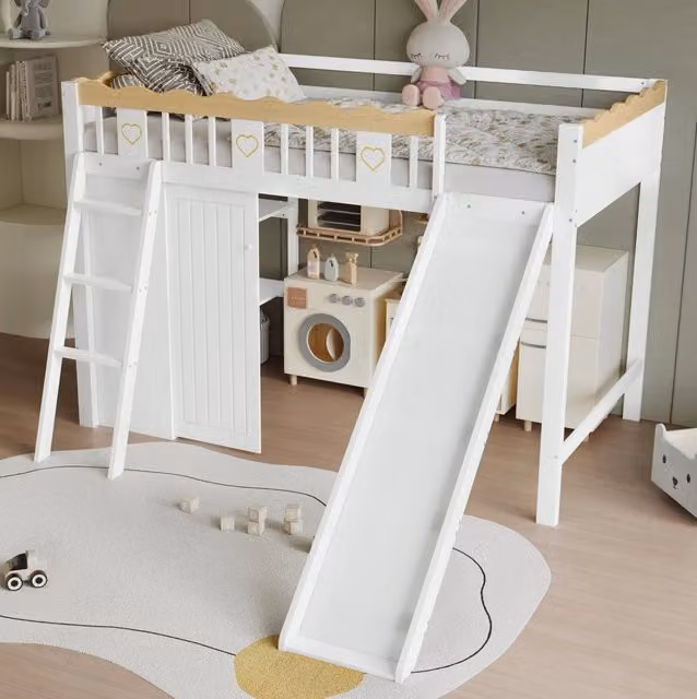Letto a soppalco ULEVR 90x200 cm con scivolo, armadio e mobile contenitore, bianco e naturale