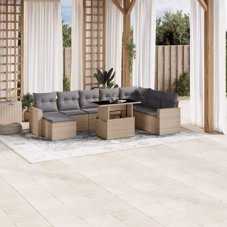vidaXL Set Divano da Giardino a L 9 pz con Cuscini Beige e Tavolino in Vetro e Struttura in Metallo