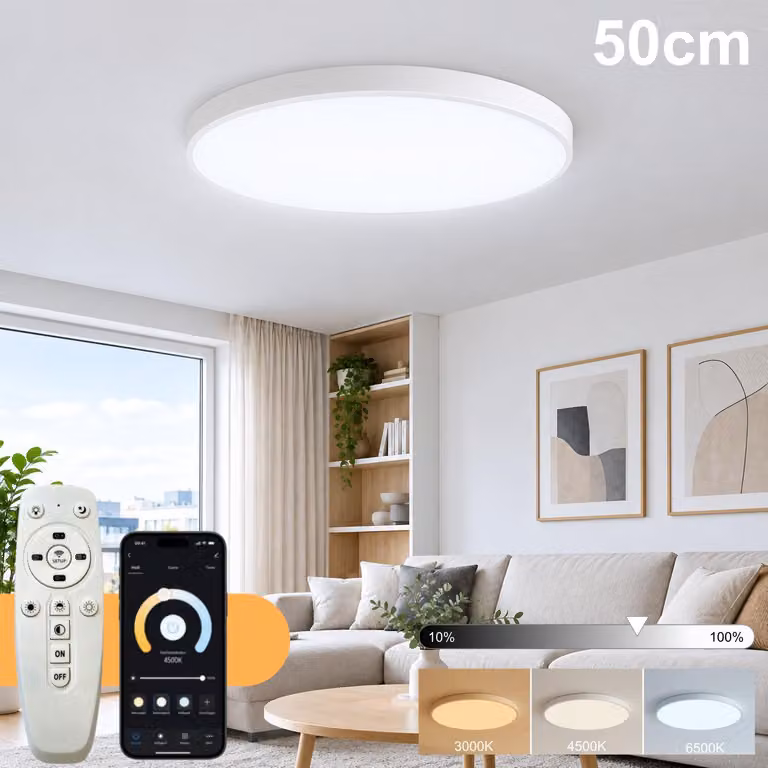 Lampada a soffitto LED, diametro 50 cm, bianca – Moderna lampada a soffitto rotonda con applicazione e telecomando, temperatura di colore regolabile da 3000 a 6500K, dimmeraggio continuo, funzione di memoria, modalità notturna