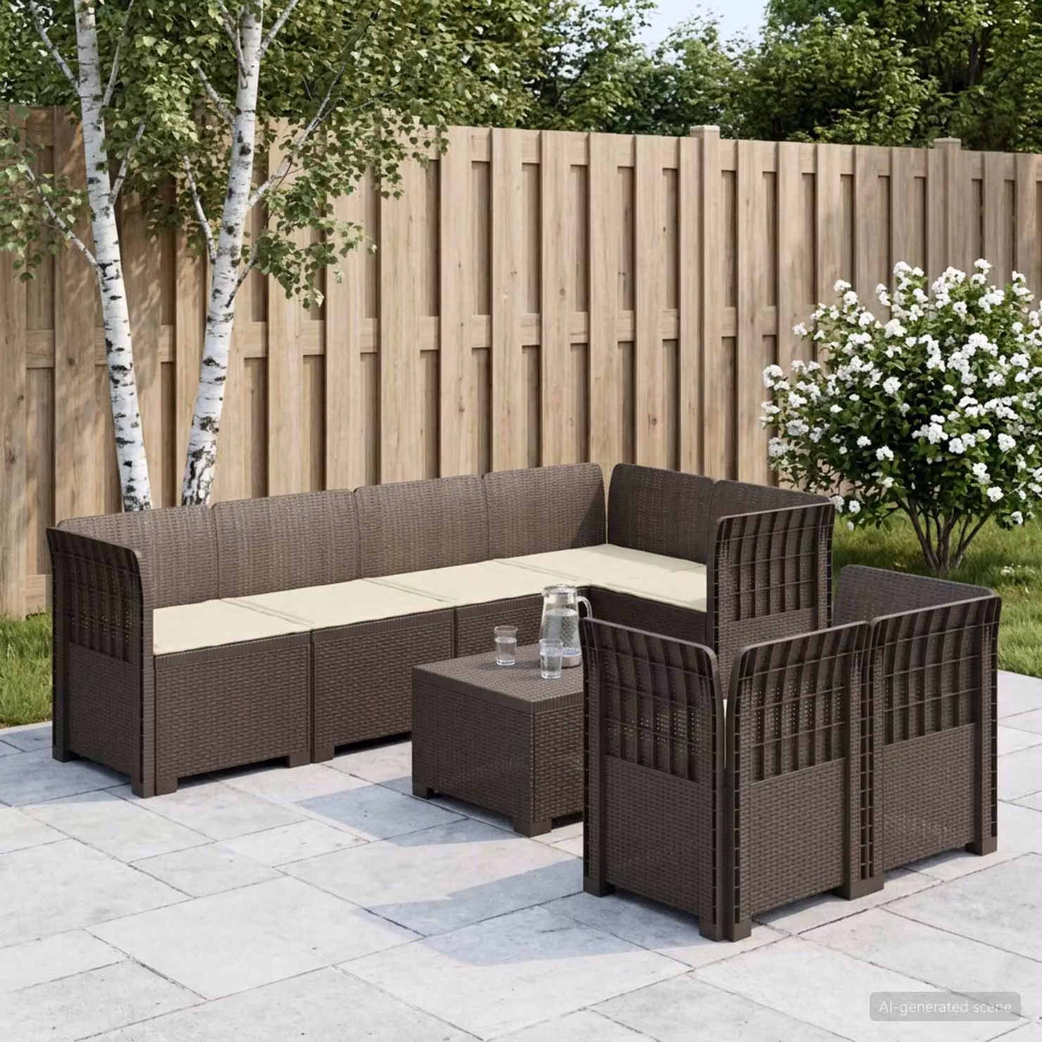 Divano da giardino a L vidaXL per 7 persone in polyrattan con cuscini, disponibile in grigio, beige o marrone