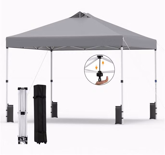 KOMFOTTEU, padiglione da giardino 3x3 metri, con sistema a un pulsante, tetto rivestito in argento, struttura resistente, sacchi di sabbia, picchetti e corde, tenda portatile per picnic e feste (grigio)