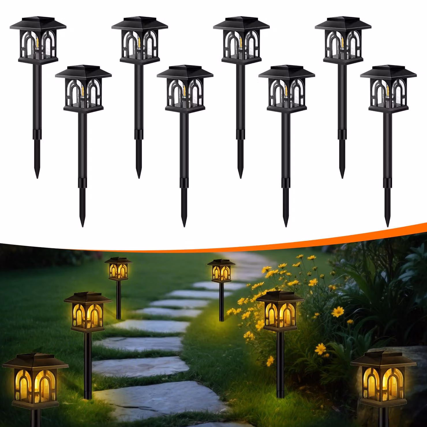 8 luci solari da giardino, LED, luce bianco caldo, grado di protezione IP65, accensione e spegnimento automatici