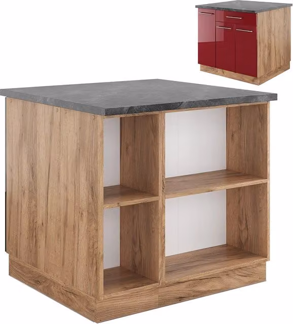 Isola cucina Fame-Line Bordeaux lucido/Rovere dorato 90 cm con cassetto, senza piano di lavoro Vicco