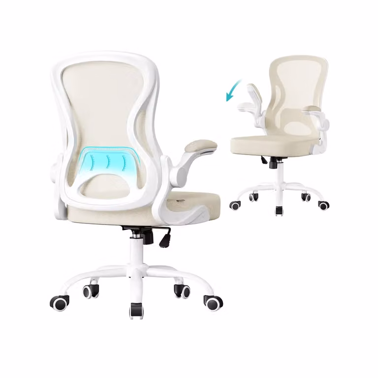 Sedia Ufficio Ergonomica con Schienale in Rete, Beige Cappuccino + Bianco Nuvola / Maniglie pieghevoli