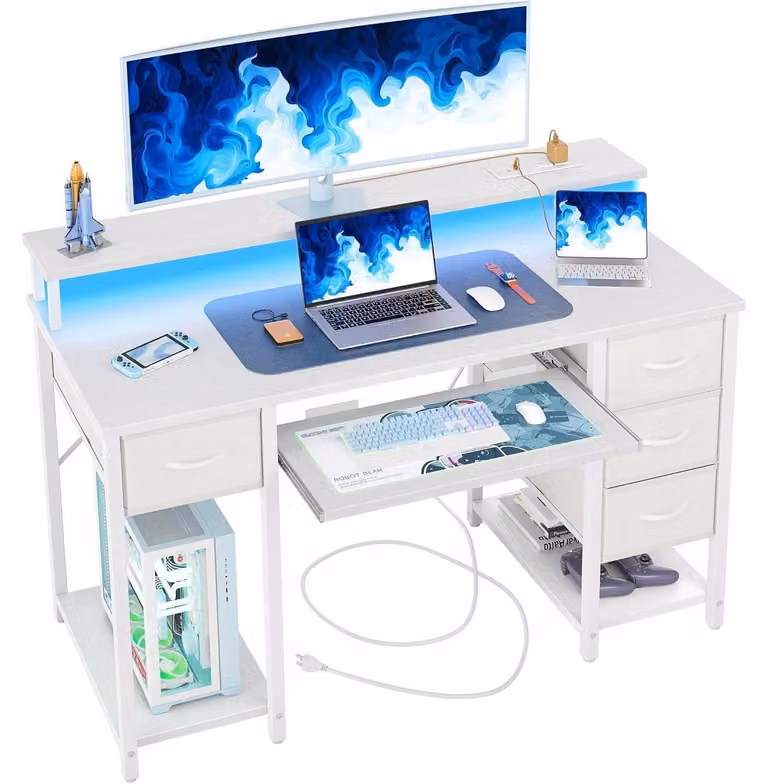 Scrivania da gaming con prese e illuminazione LED, dimensioni 120x50 cm, colore bianco, con 4 cassetti e ripiano