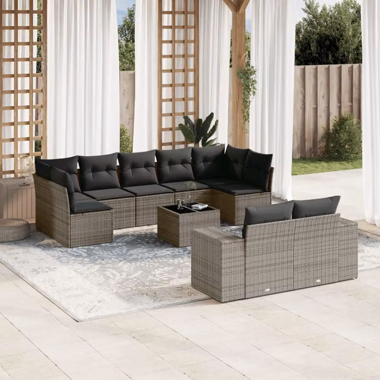 Set Divano da Giardino vidaXL 10 pz a Forma a L in Polyrattan Grigio con Cuscini e Tavolino da Caffè