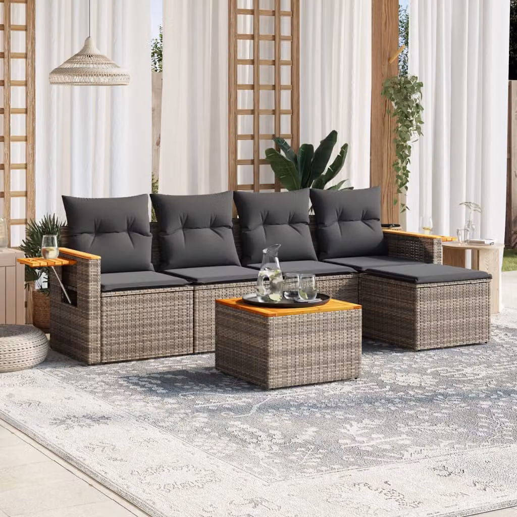 vidaXL Set Divano da Giardino 6 pz a L in Polyrattan Grigio con Cuscini e Tavolino da Caffè – 1