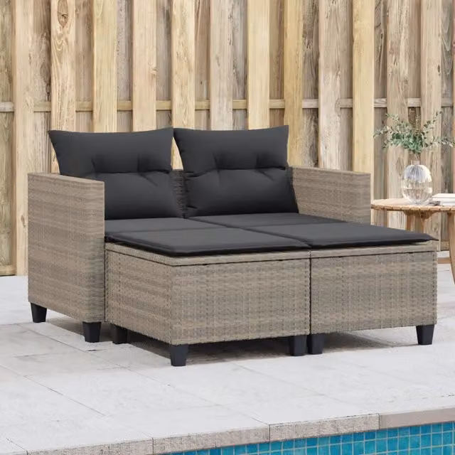 Divano da Giardino 2 Posti con Sgabelli-Sofa da Giardino-Divano da esterno Grigio Chiaro Polyrattan