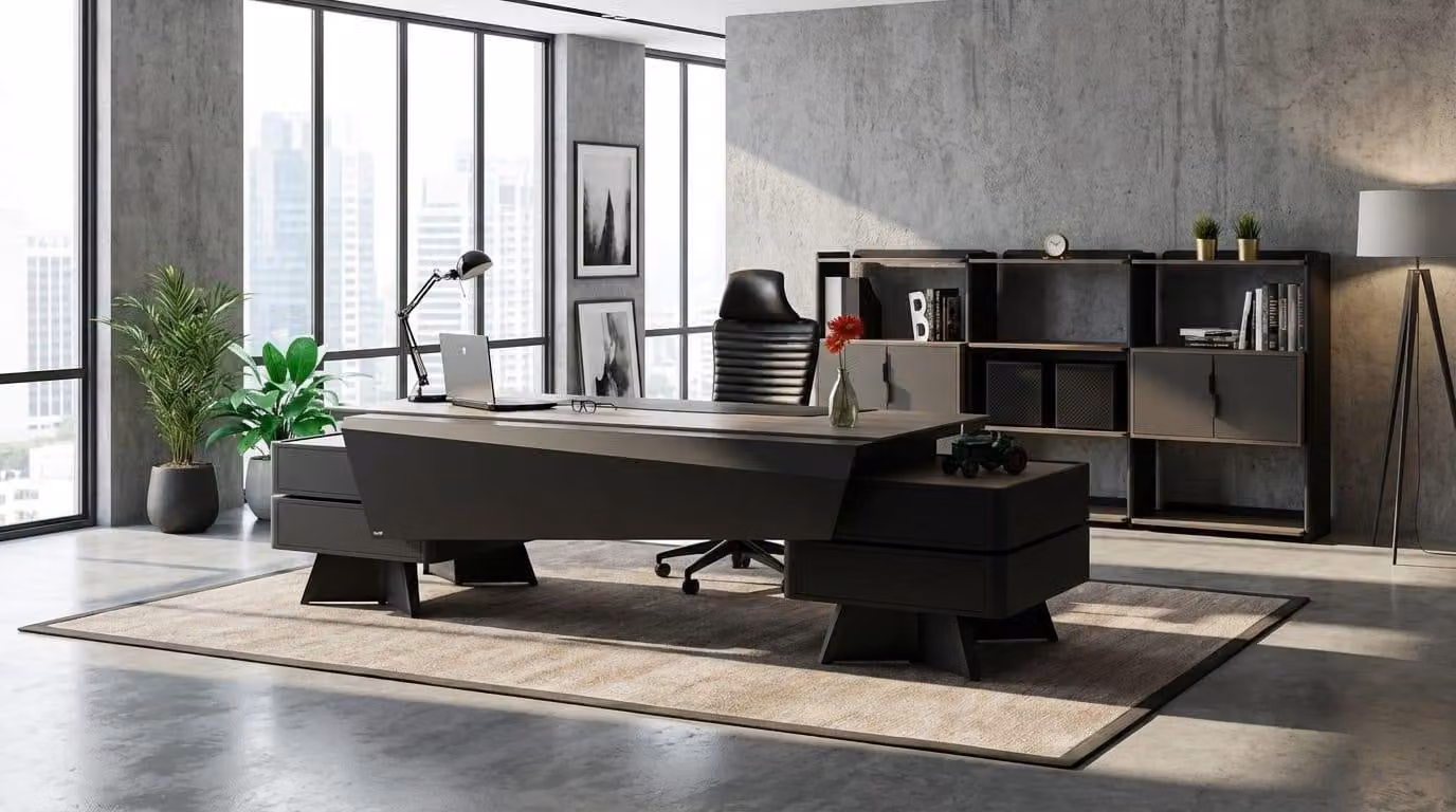 Set da ufficio scrivania e libreria, design moderno, colore nero