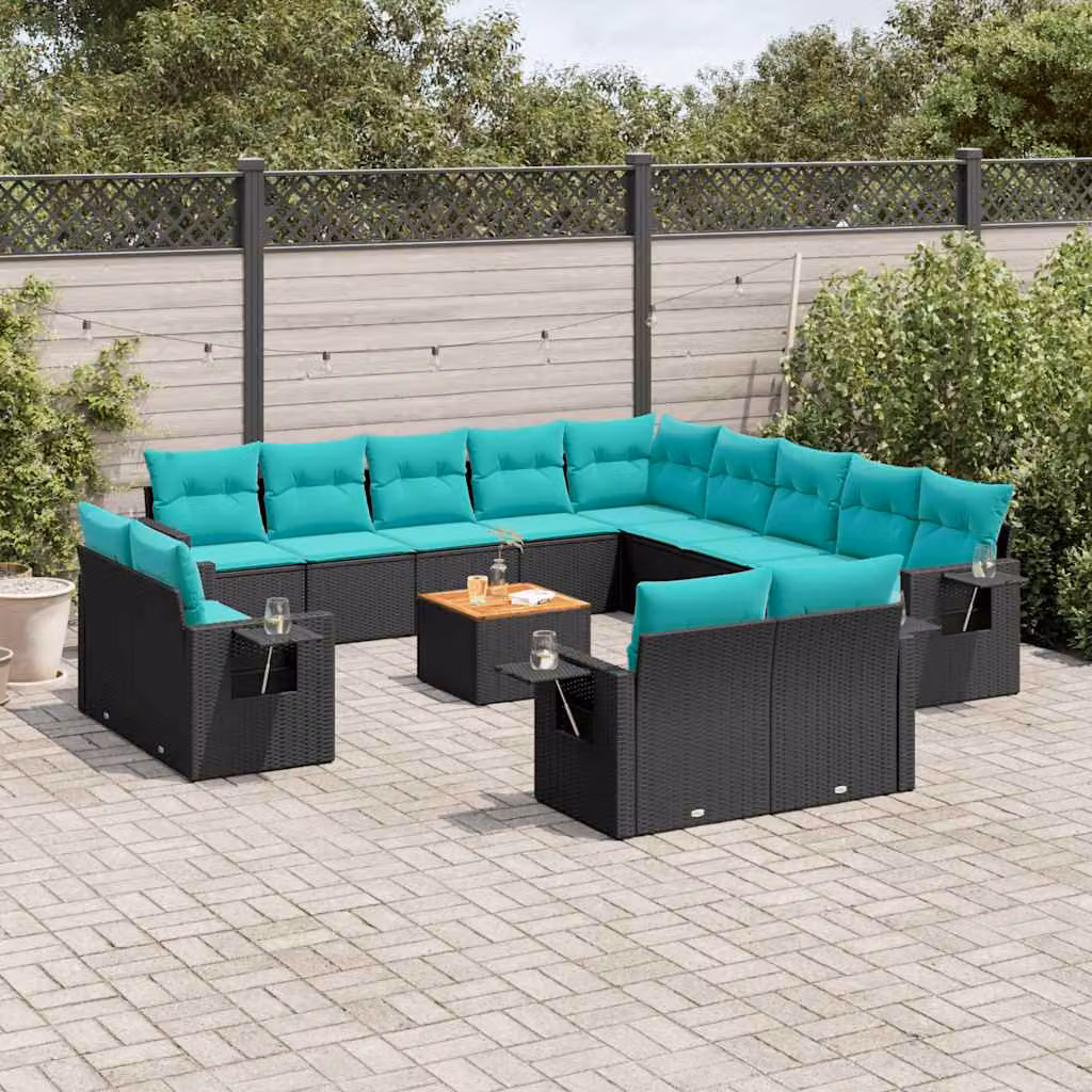 Set di divani da giardino vidaXL 14 pezzi in polyrattan nero con cuscini blu e tavolino da esterno a forma di U