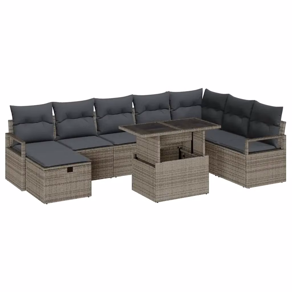 Set da giardino moderno vidaXL composto da 9 pezzi in rattan grigio con struttura in metallo e cuscini inclusi – 2