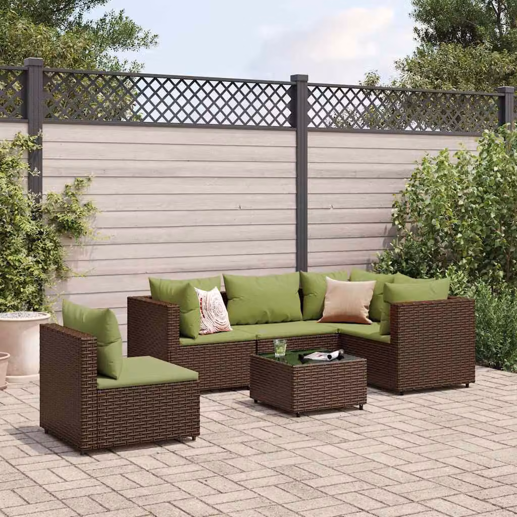 Set di mobili da giardino vidaXL 6 pezzi con divano angolare a L, tavolo da caffè e cuscini imbottiti in rattan marrone e verde con struttura in acciaio verniciato a polvere – 1
