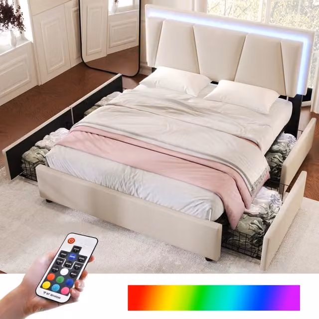 Letto Matrimoniale 140x200 Imbottito con Luci LED; Testiera Regolabile e 4 Cassetti; Beige