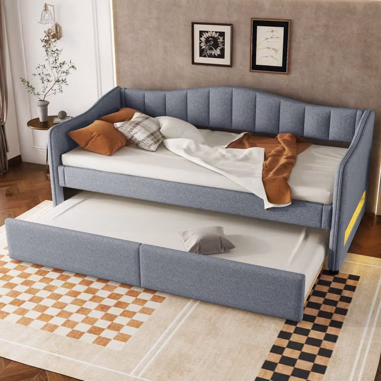 MODFU Letto pieghevole Letto da giorno 90x200 cm con letto estraibile 90x200 cm e rete, Daybed Letto per bambini Letto giovanile con luce d'atmosfera, Grigio (senza materasso)