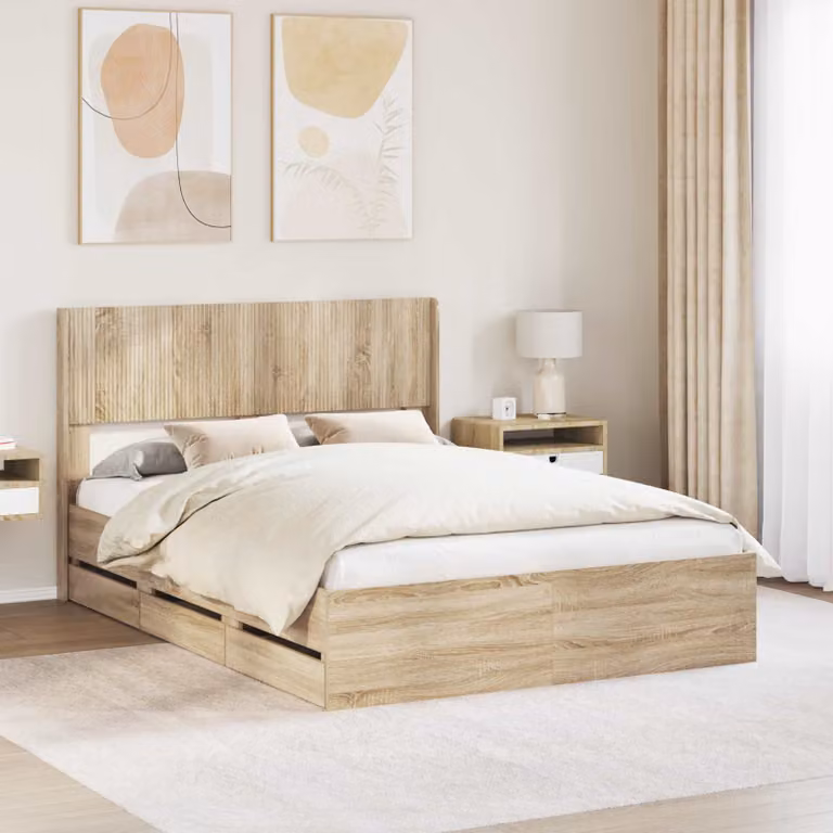 Struttura letto con stoccaggio e testata vidaXL in legno Rovere Sonoma, L: 160 cm, P: 203 cm, H: 100 cm