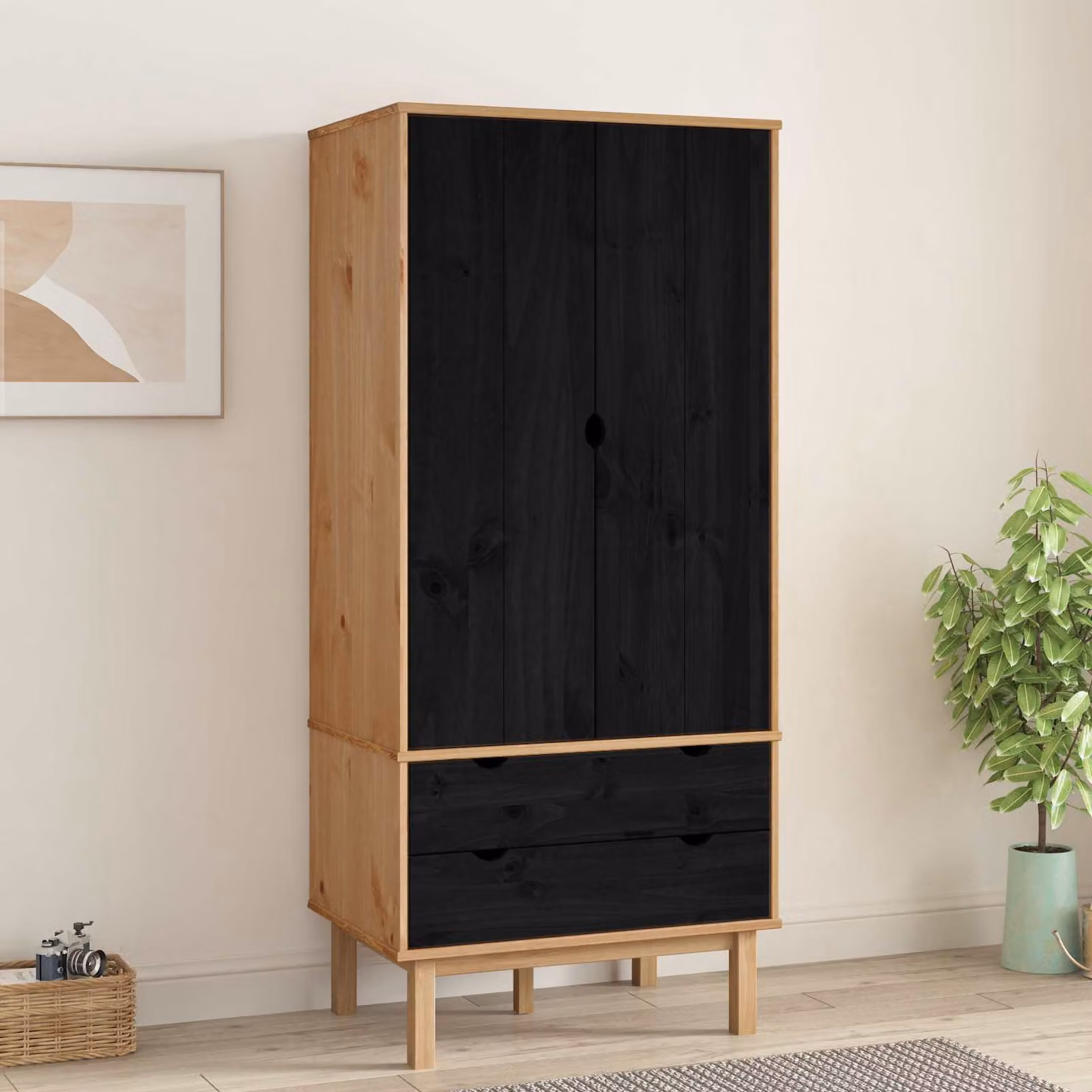 vidaXL Guardaroba OTTA Nero in Legno di Pino con Cassetti e Ante a Battente L/P/H: 76,5 x 53 x 172 cm