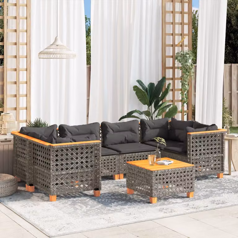 Set di divani da giardino vidaXL in polyrattan grigio con cuscini, tavolino e moduli ad angolo per esterno