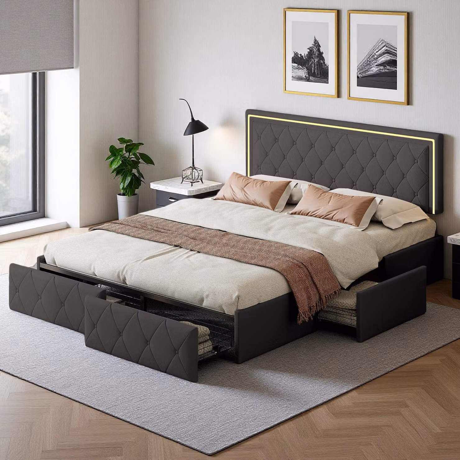 Letto matrimoniale imbottito grigio, 160 x 200 cm, con illuminazione a LED, 4 cassetti portaoggetti e testata regolabile in altezza, box contenitore, con rete a doghe