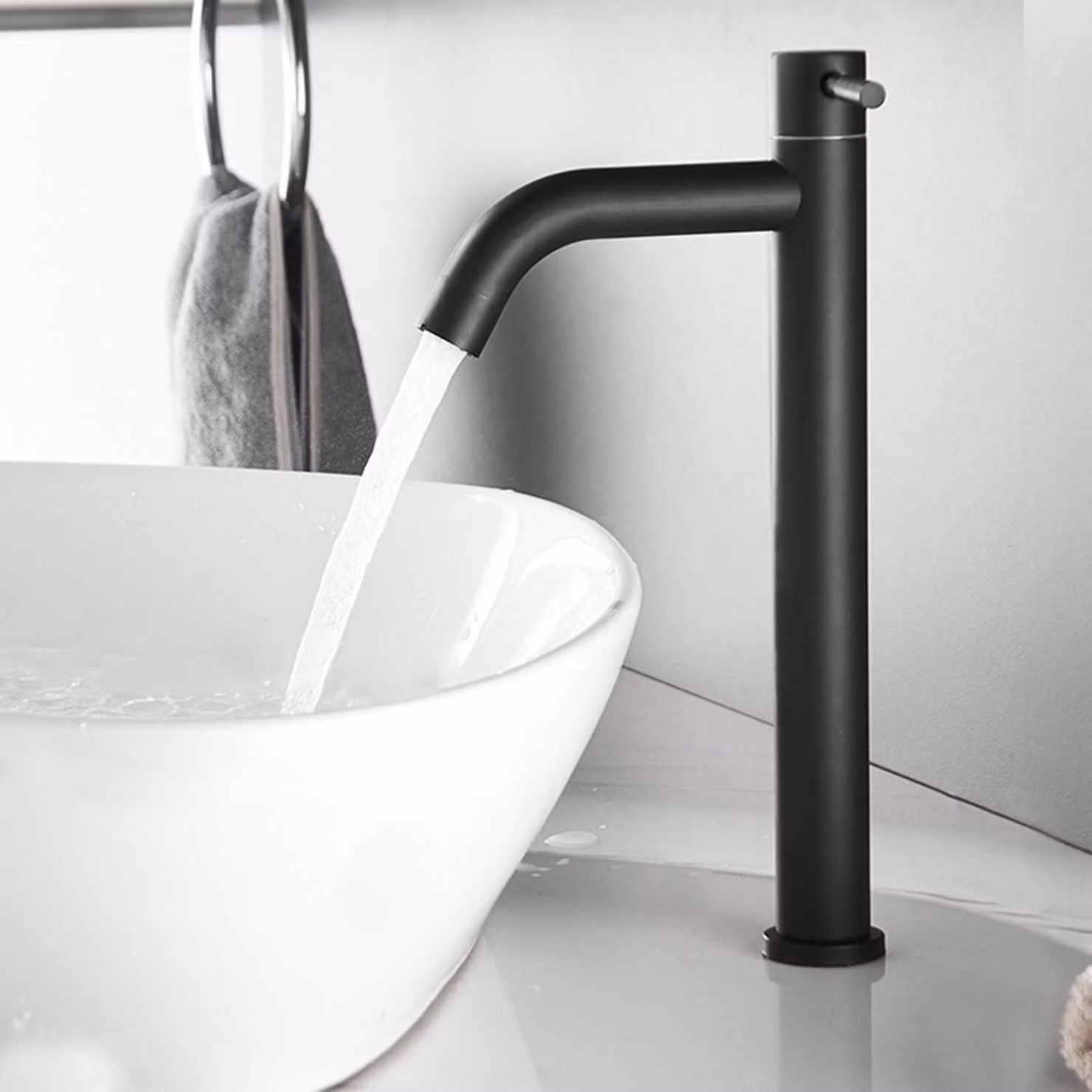 Rubinetto per bagno, modello Hoch Schwarz, monocomando, per acqua fredda, da montare su lavabo, in acciaio inossidabile