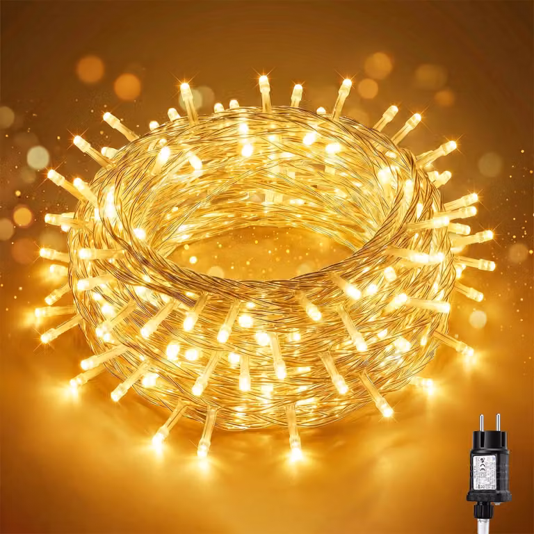 SALCAR, catena luminosa LED da 10 metri, modello 150, per uso esterno. Ideale per decorazioni natalizie, feste e matrimoni. Alimentazione a corrente, con 8 modalità di illuminazione, timer e funzione di memorizzazione. Grado di protezione IP44, resistente