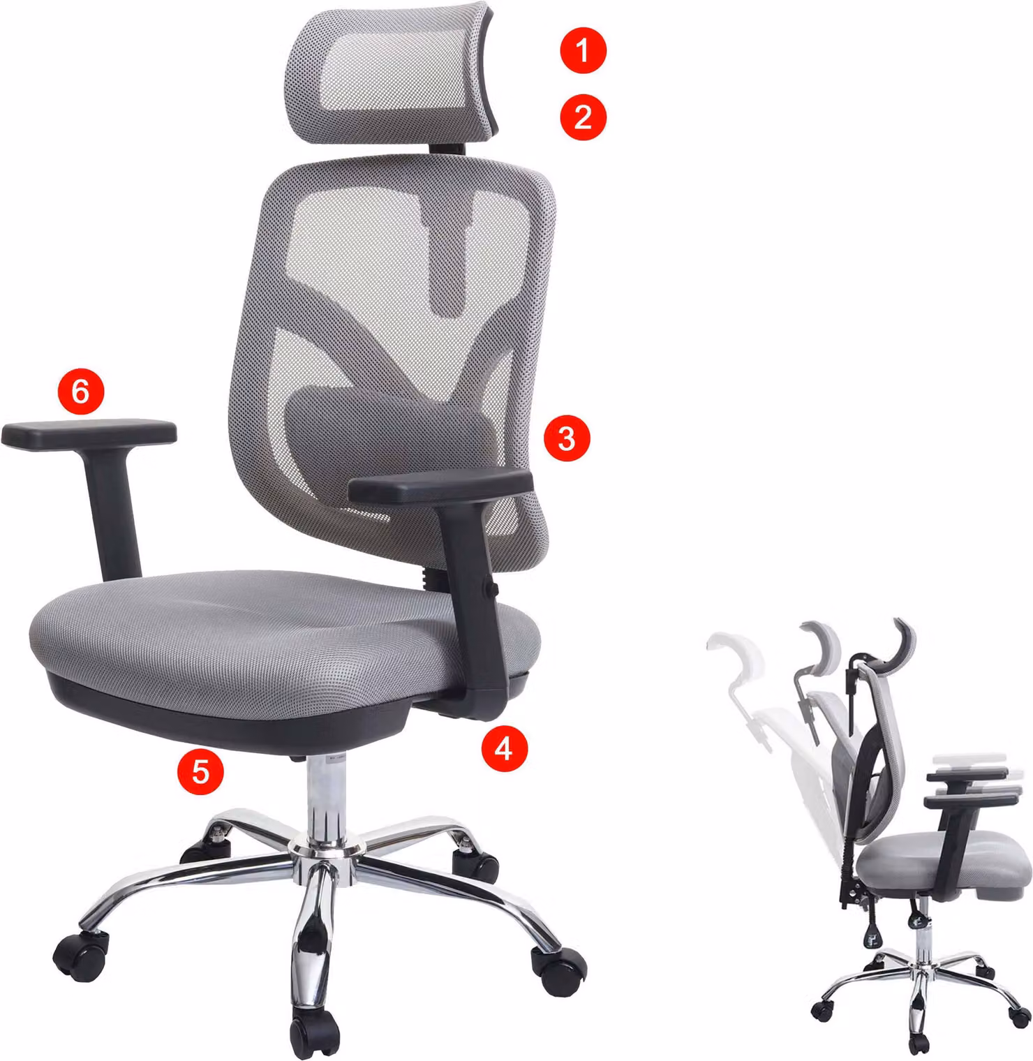 Sedia da ufficio MCW-J92, sedia da scrivania, ergonomica, con supporto lombare e braccioli regolabili ~ grigia
