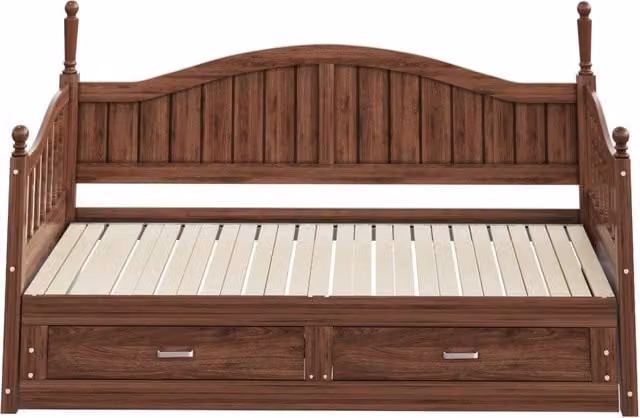 Divano Letto Estraibile in Legno Massello di Pino 90x190 cm con Colonne Romane, Braccioli Curvi, Cassetti e Rete a Doghe, Colori Bianco, Grigio o Noce