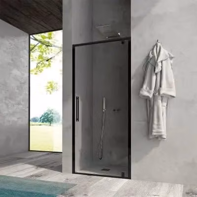 Porta doccia a nicchia INBAGNO rettangolare a battente, vetro trasparente e finitura nero opaco, L: 90 cm, H: 200 cm, Spessore: 6 mm