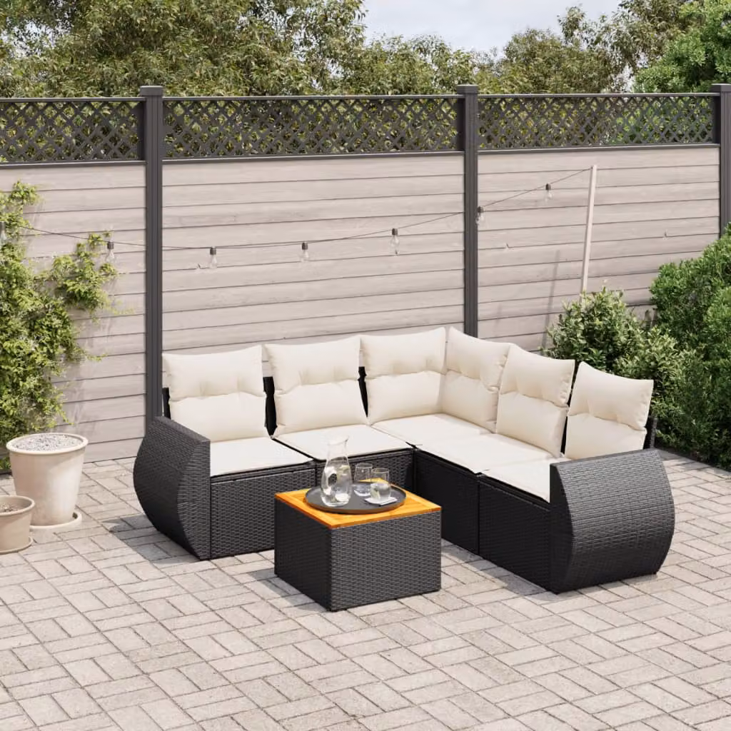 vidaXL Set Divano da Giardino a L 6 pz in Polyrattan Nero con Cuscini e Tavolino – 1