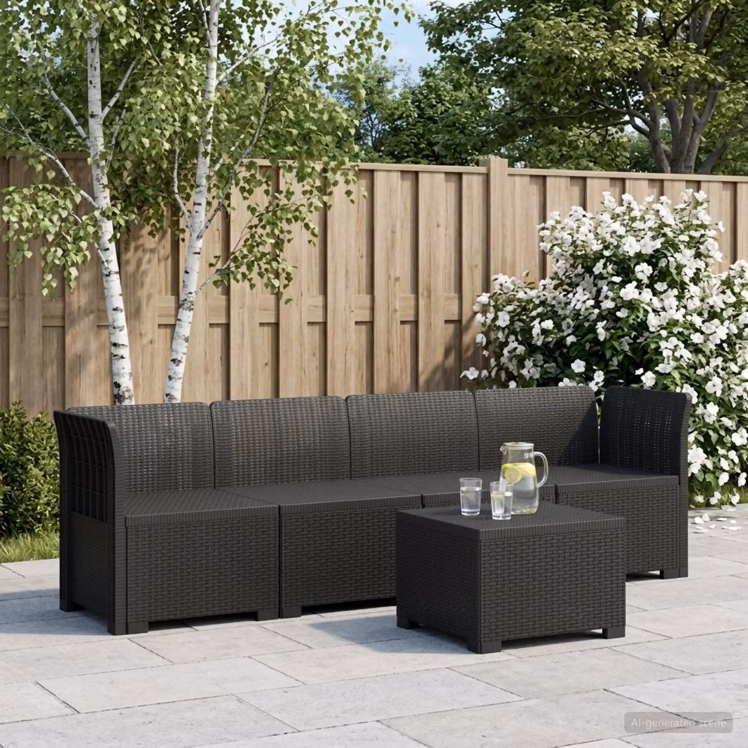 Set da giardino vidaXL composto da divano da esterno a 4 posti, elemento angolare e tavolino, in stile rattan moderno color antracite con cuscini inclusi