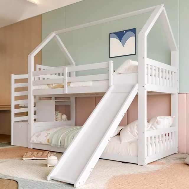 Letto a castello MIVRAY per bambini in legno di pino e MDF bianco con scala contenitore e scivolo, L/P/H: 200 x 90 x 183 cm